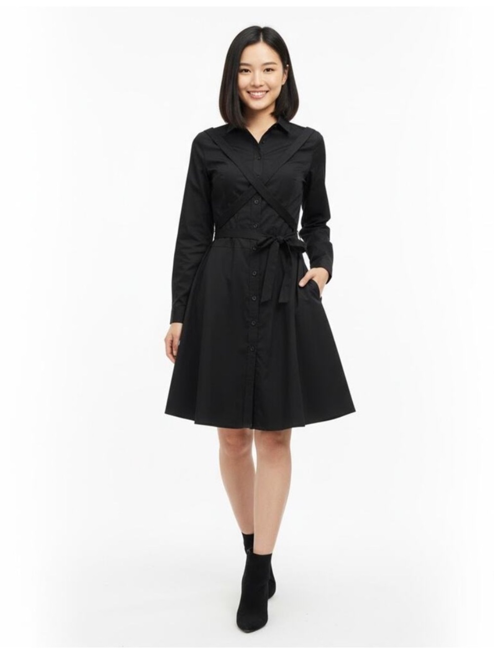 Black Shirt Dress XL NWT Tie Waist Button Front Long Sleeve Poplin Dress